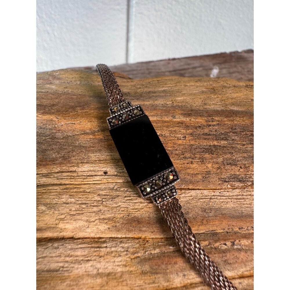 Vintage Sterling Silver Marcasite Bracelet With Black Onyx Centerpiece Elegant A